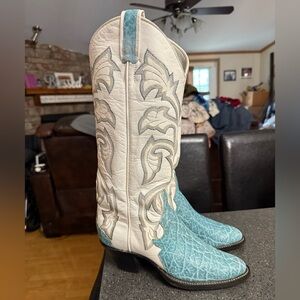 Vtg Larry Mahan Boot Collection Blue Elephant And White Leather Size 6B Womens